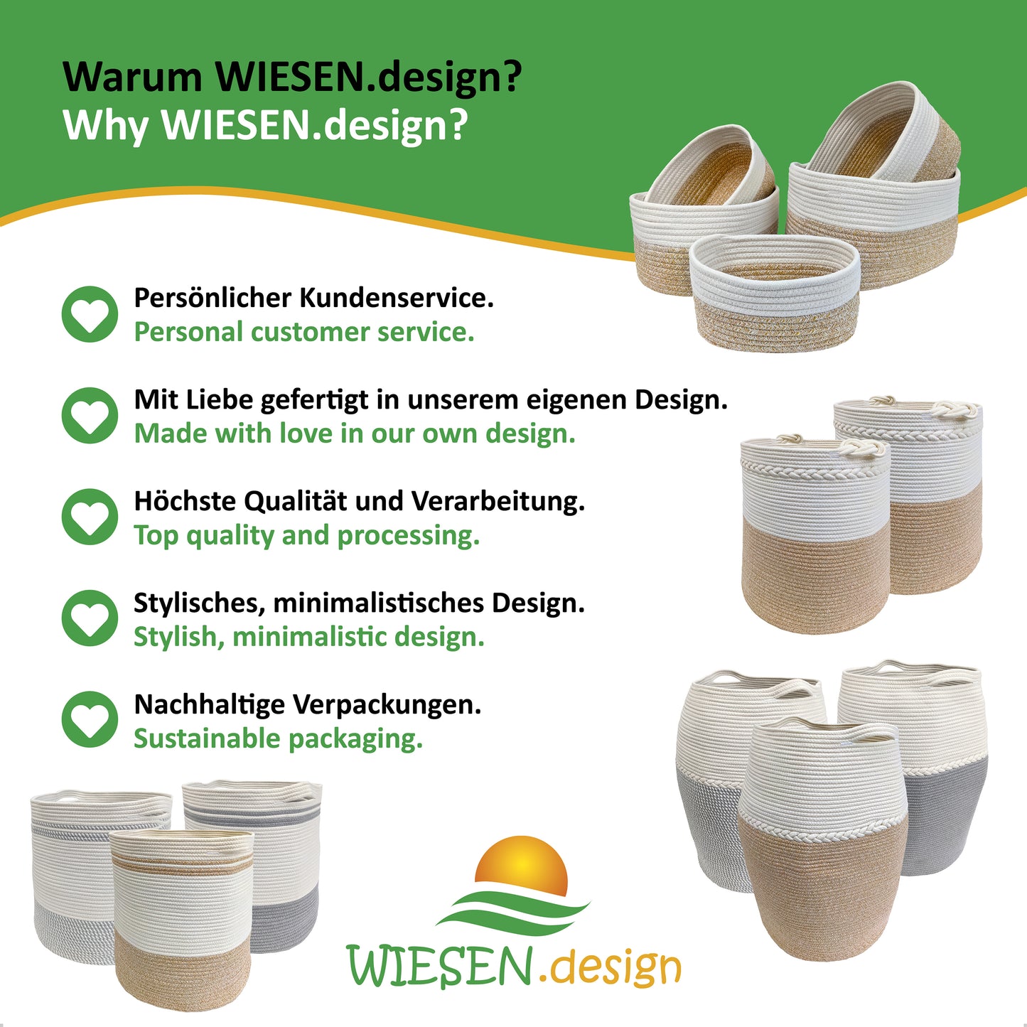 XXXL Korb Set MIRA (5 Körbe - gesamt 50L) Hellbraun/Weiß aus 100% Baumwolle - Handgemacht und Pflegeleicht