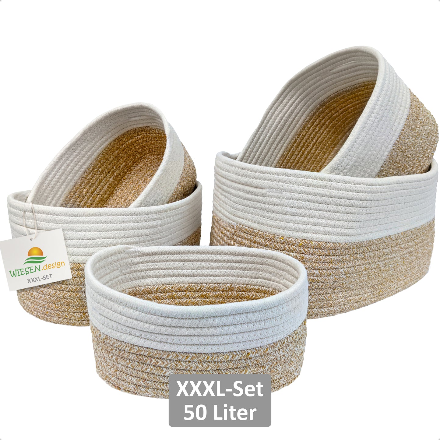 XXXL Korb Set MIRA (5 Körbe - gesamt 50L) Hellbraun/Weiß aus 100% Baumwolle - Handgemacht und Pflegeleicht
