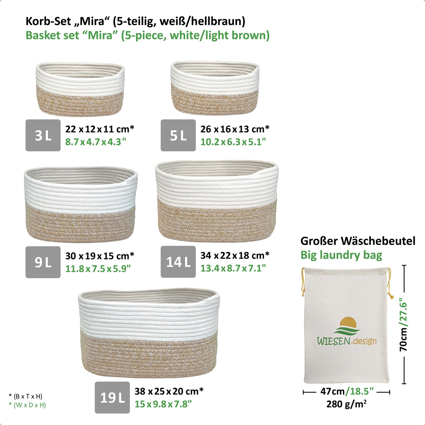 XXXL Korb Set MIRA (5 Körbe - gesamt 50L) Hellbraun/Weiß aus 100% Baumwolle - Handgemacht und Pflegeleicht