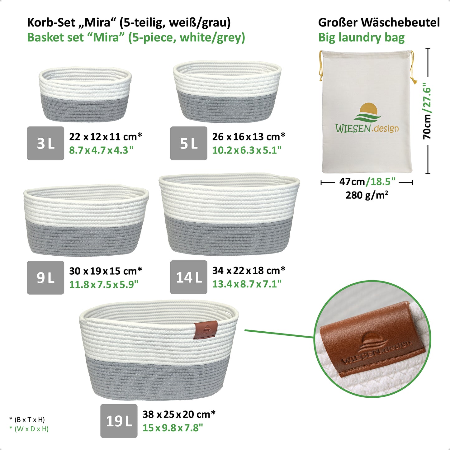 XXXL Korb Set MIRA (5 Körbe - gesamt 50L) Grau/Weiß aus 100% Baumwolle - Handgemacht und Pflegeleicht