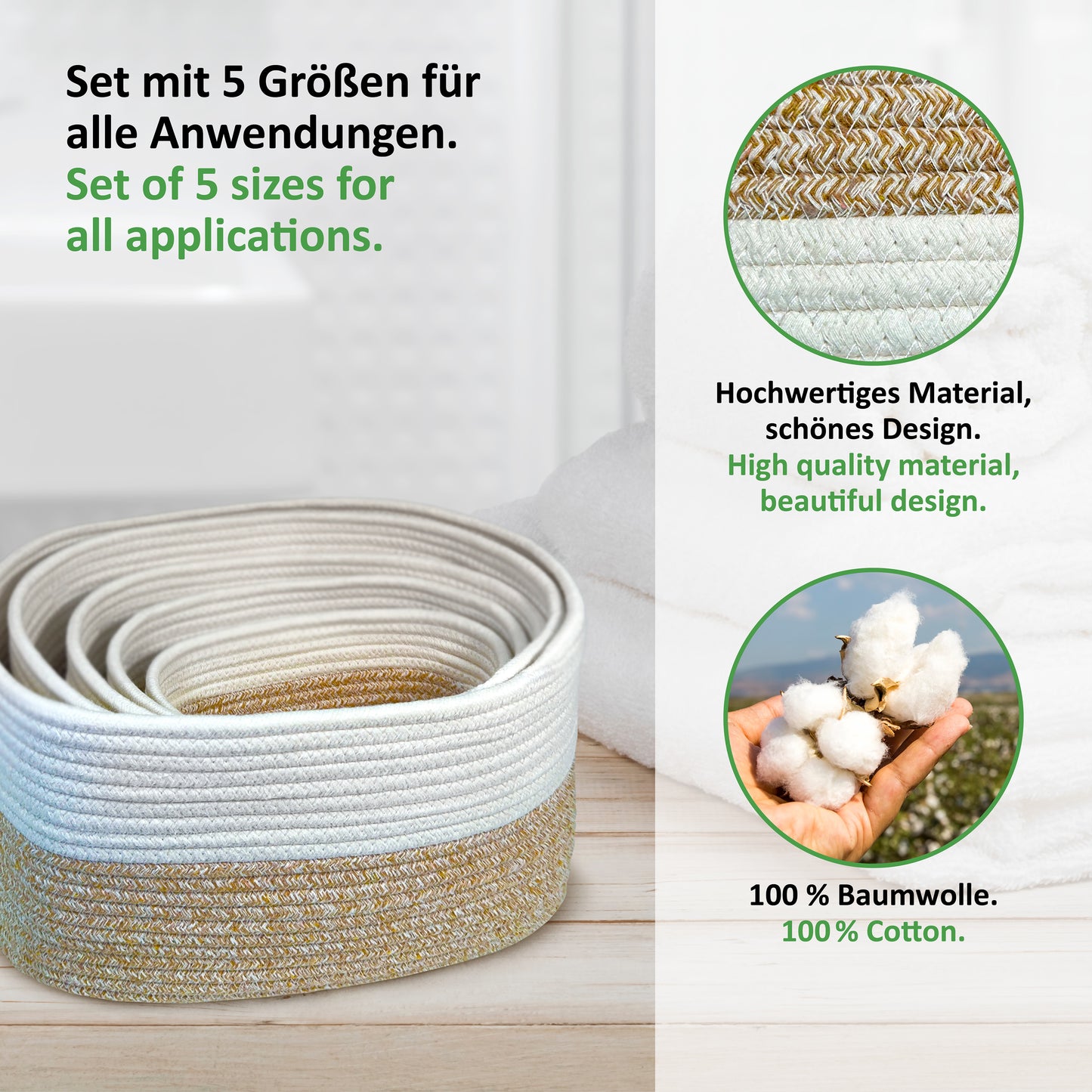 XXXL Korb Set MIRA (5 Körbe - gesamt 50L) Hellbraun/Weiß aus 100% Baumwolle - Handgemacht und Pflegeleicht