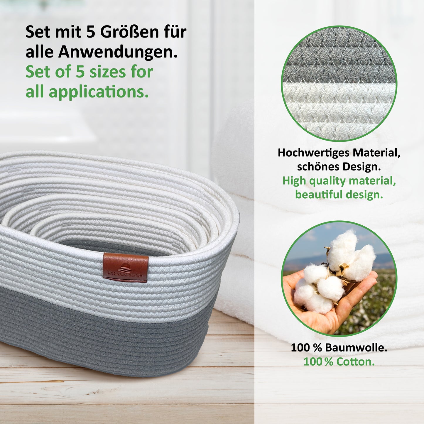 XXXL Korb Set MIRA (5 Körbe - gesamt 50L) Grau/Weiß aus 100% Baumwolle - Handgemacht und Pflegeleicht