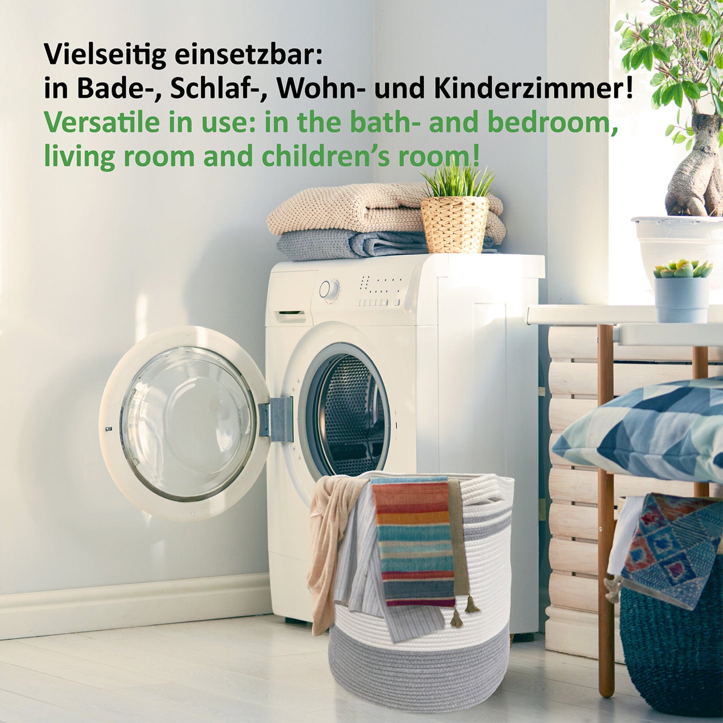 Wäschekorb BEN Ø41xH46 cm Grau/Weiß/61L aus 100% Baumwolle - Handgemacht und Pflegeleicht