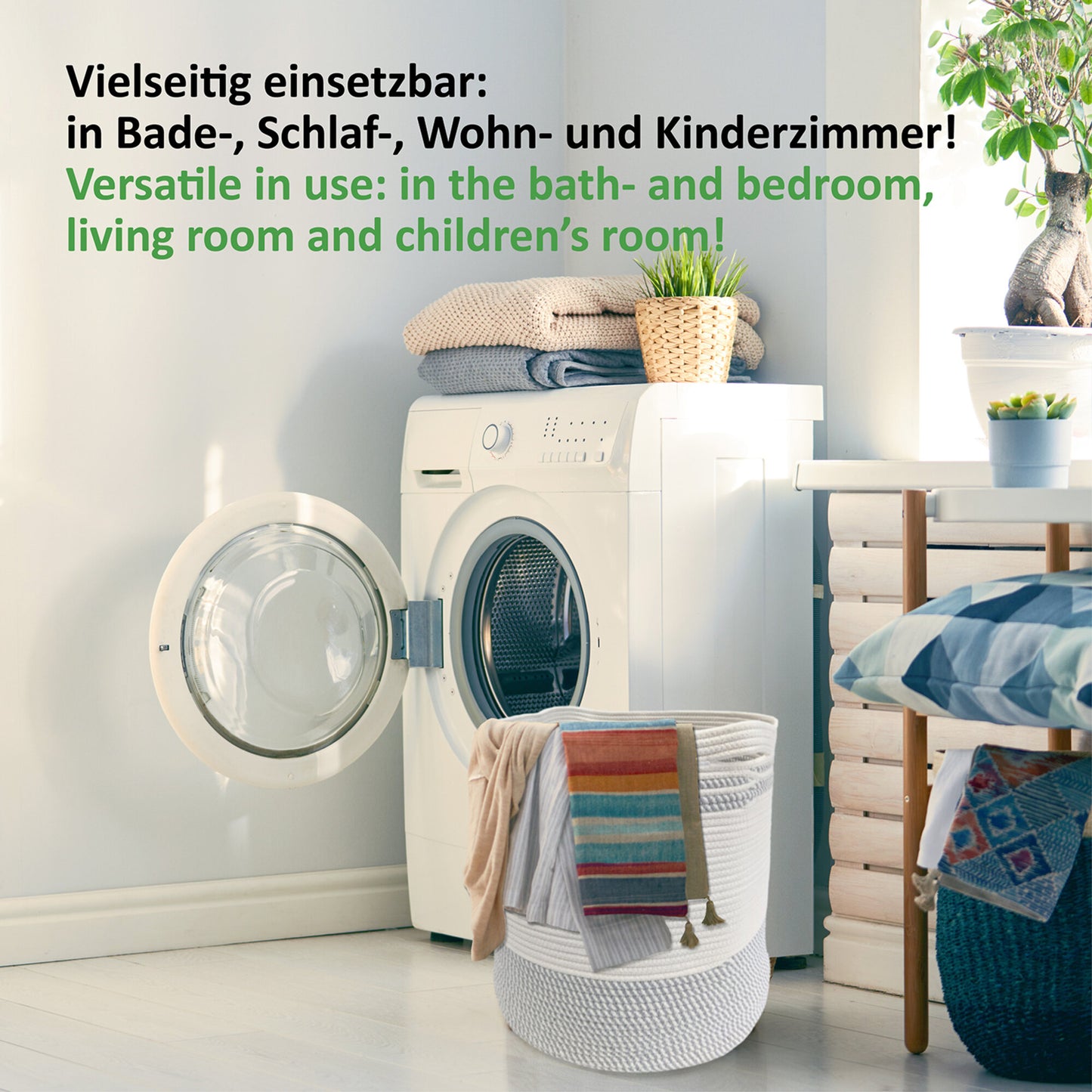 Wäschekorb BEN Ø41xH46 cm Hellgrau/Weiß/61L aus 100% Baumwolle - Handgemacht und Pflegeleicht