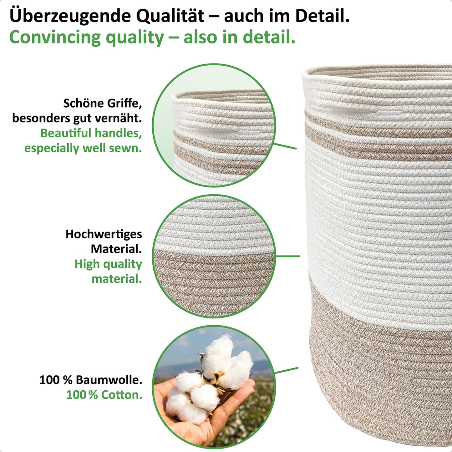 Wäschekorb BEN Ø41xH46 cm Hellbraun/Weiß/61L aus 100% Baumwolle - Handgemacht und Pflegeleicht