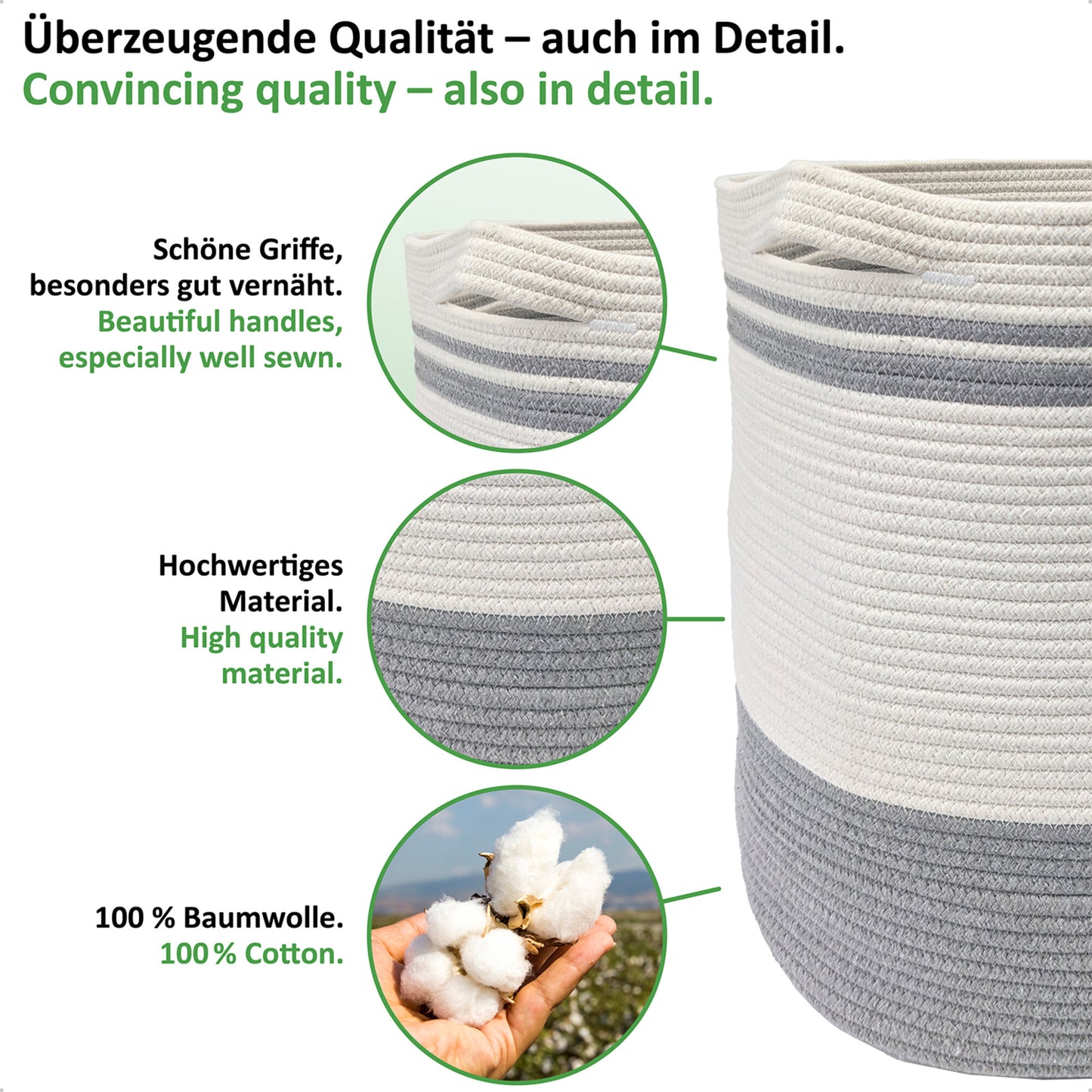 Wäschekorb BEN Ø41xH46 cm Grau/Weiß/61L aus 100% Baumwolle - Handgemacht und Pflegeleicht