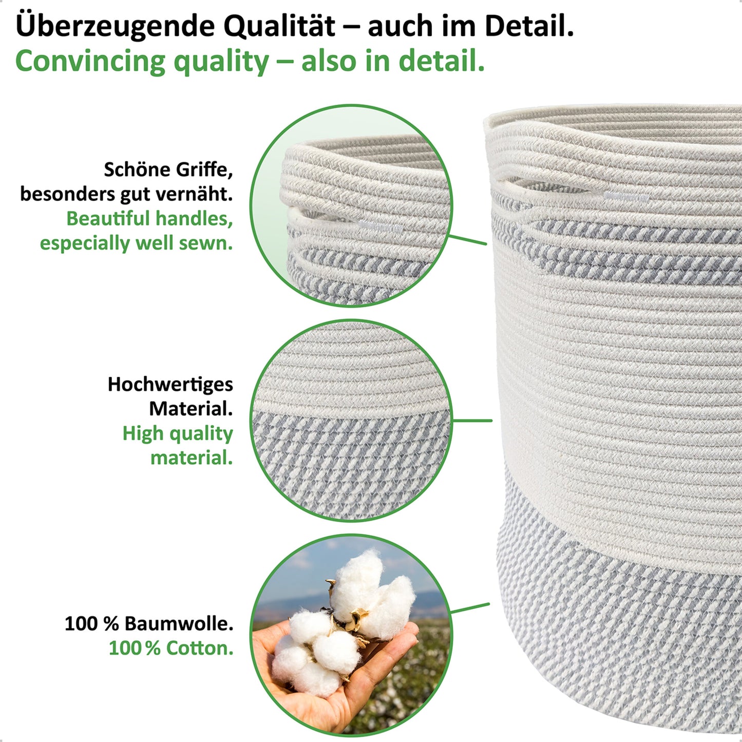 Wäschekorb BEN Ø41xH46 cm Hellgrau/Weiß/61L aus 100% Baumwolle - Handgemacht und Pflegeleicht