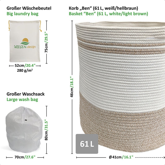 Wäschekorb BEN Ø41xH46 cm Hellbraun/Weiß/61L aus 100% Baumwolle - Handgemacht und Pflegeleicht