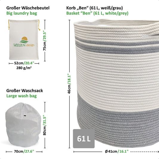 Wäschekorb BEN Ø41xH46 cm Grau/Weiß/61L aus 100% Baumwolle - Handgemacht und Pflegeleicht