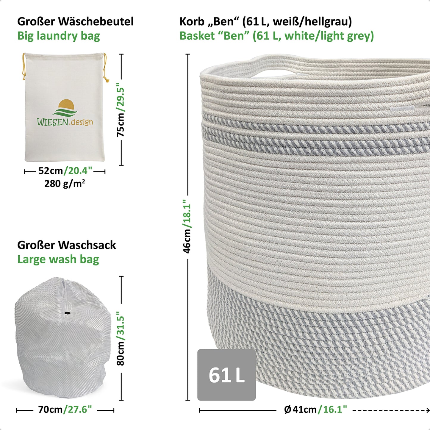 Wäschekorb BEN Ø41xH46 cm Hellgrau/Weiß/61L aus 100% Baumwolle - Handgemacht und Pflegeleicht