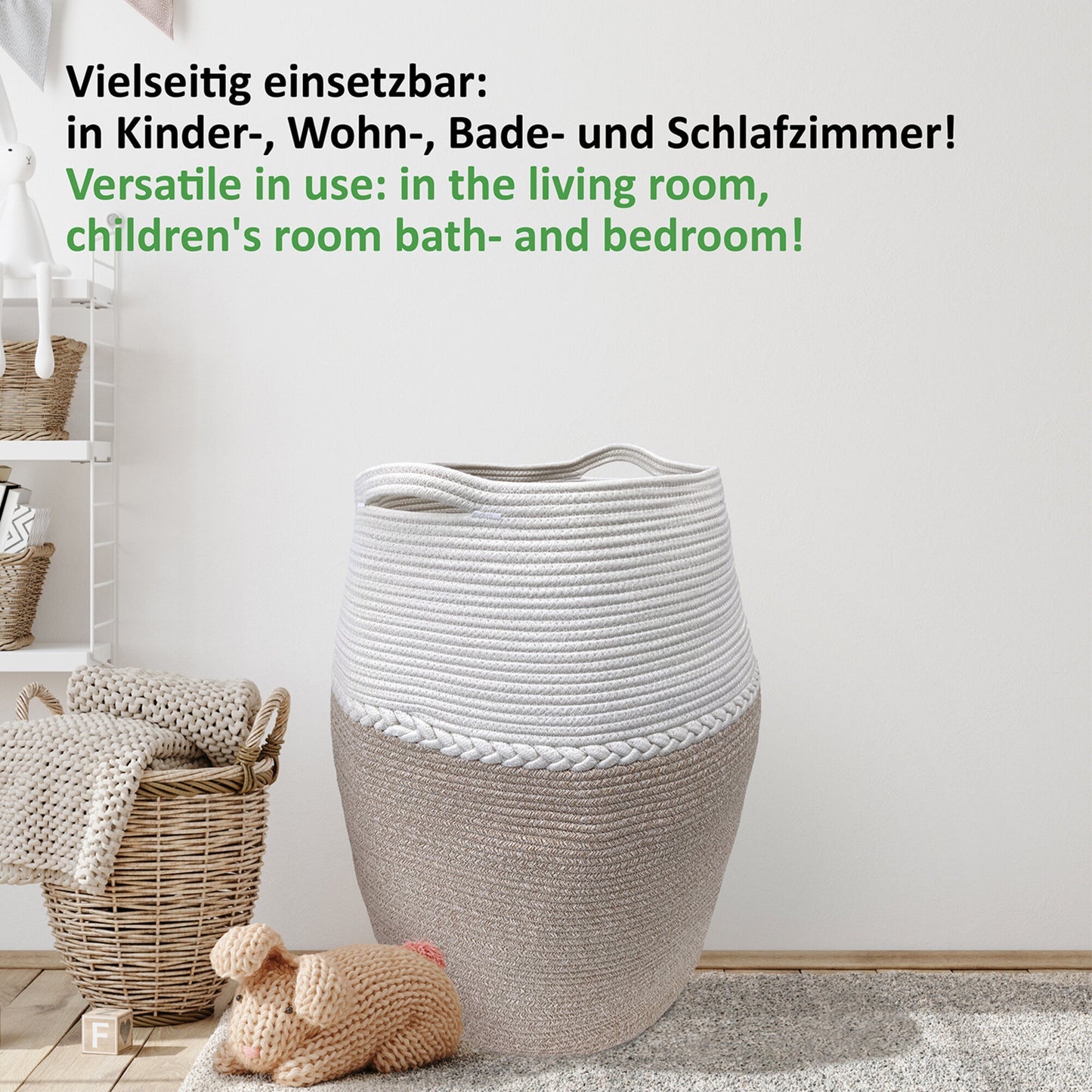 Wäschekorb JAMILA Ø39/49xH65 cm Hellbraun/Weiß/105L aus 100% Baumwolle - Handgemacht und Pflegeleicht