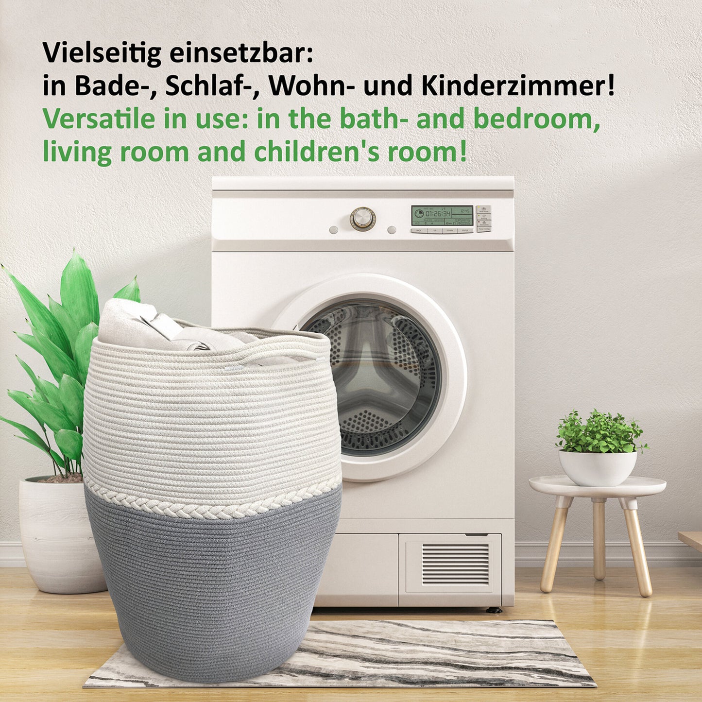 Wäschekorb JAMILA Ø39/49xH65 cm Grau/Weiß/105L aus 100% Baumwolle - Handgemacht und Pflegeleicht
