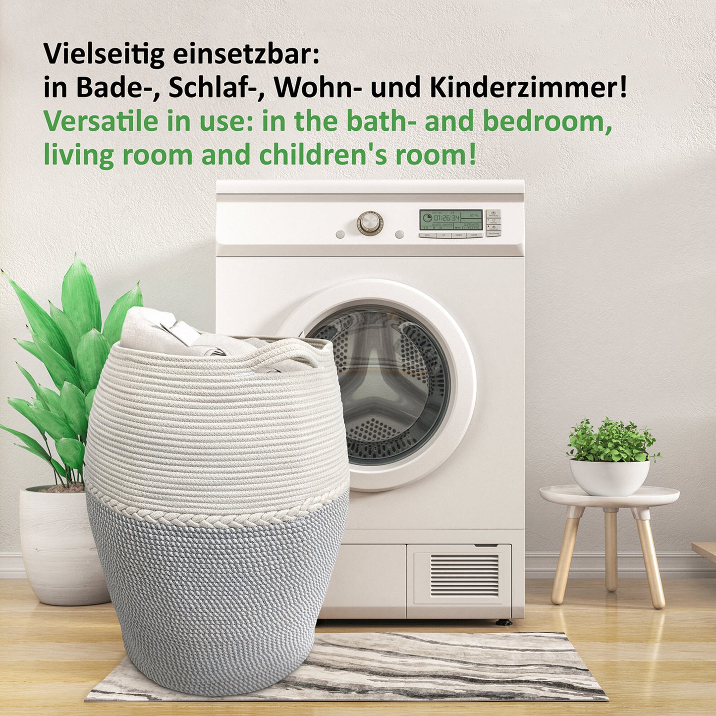 Wäschekorb JAMILA Ø39/49xH65 cm Hellgrau/Weiß/105L aus 100% Baumwolle - Handgemacht und Pflegeleicht