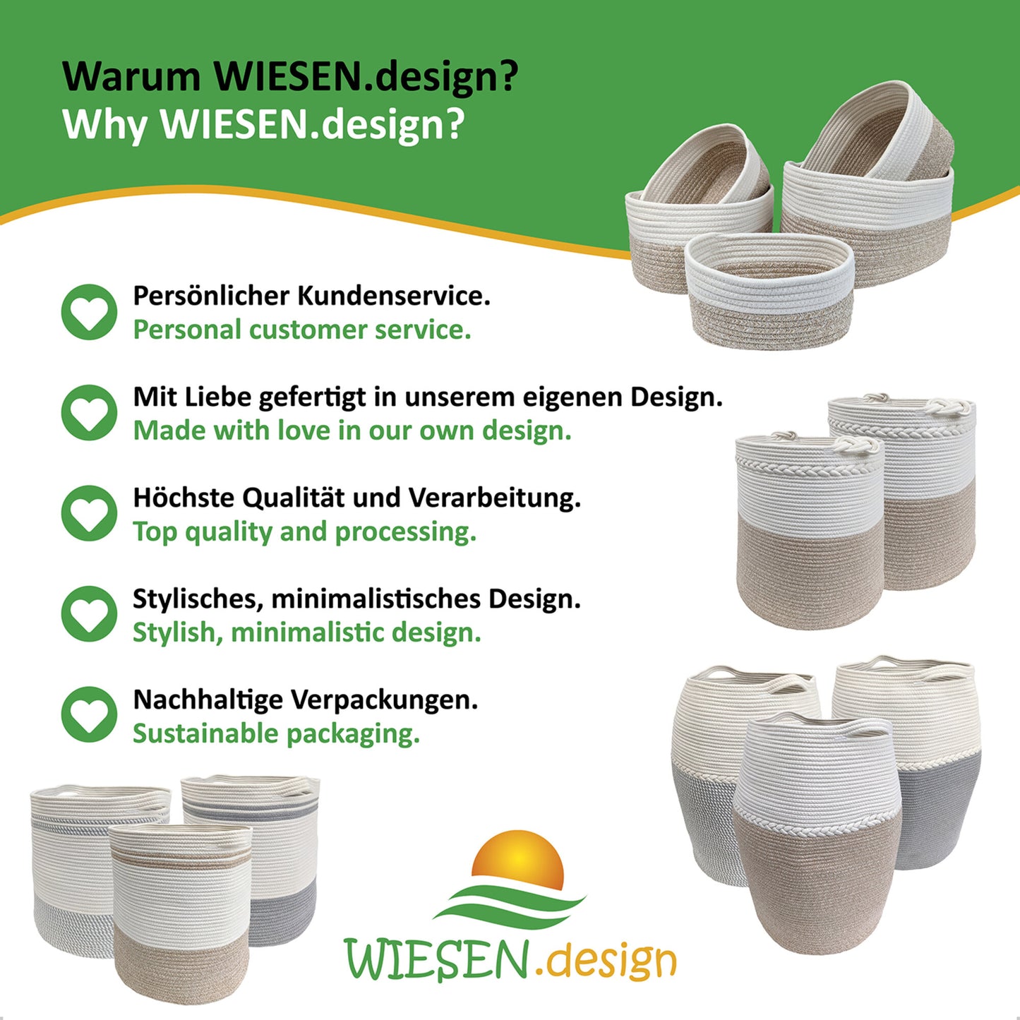 Wäschekorb JAMILA Ø39/49xH65 cm Hellgrau/Weiß/105L aus 100% Baumwolle - Handgemacht und Pflegeleicht