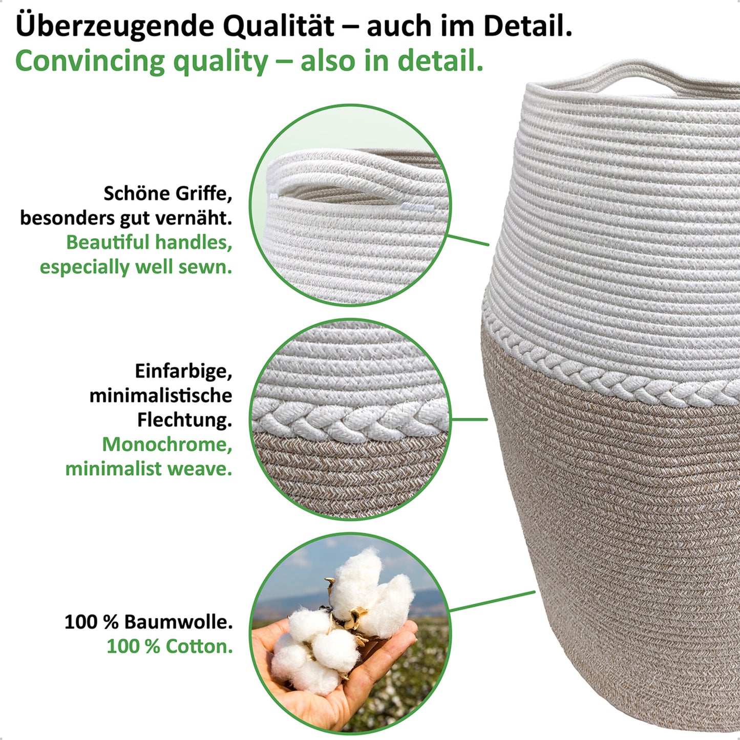Wäschekorb JAMILA Ø39/49xH65 cm Hellbraun/Weiß/105L aus 100% Baumwolle - Handgemacht und Pflegeleicht