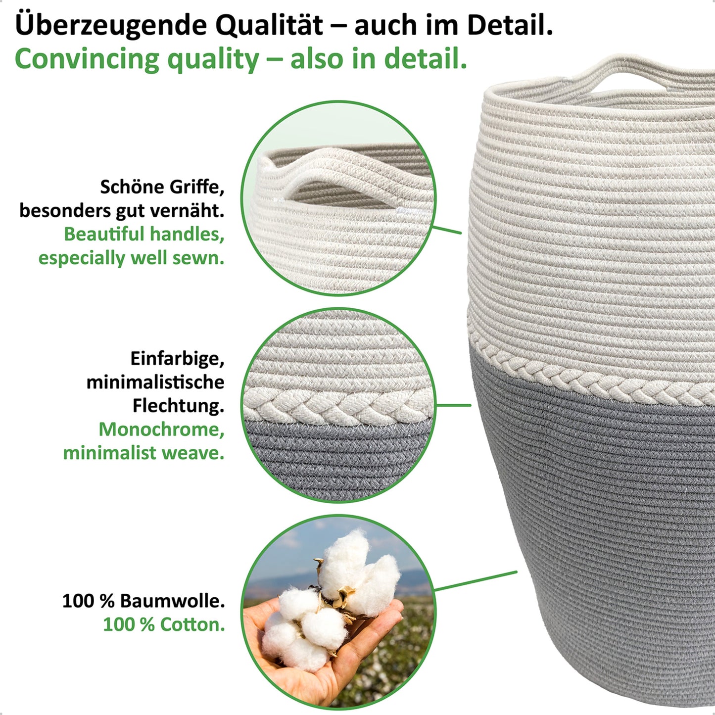 Wäschekorb JAMILA Ø39/49xH65 cm Grau/Weiß/105L aus 100% Baumwolle - Handgemacht und Pflegeleicht