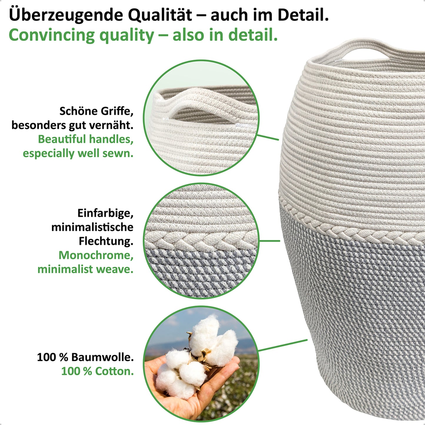 Wäschekorb JAMILA Ø39/49xH65 cm Hellgrau/Weiß/105L aus 100% Baumwolle - Handgemacht und Pflegeleicht