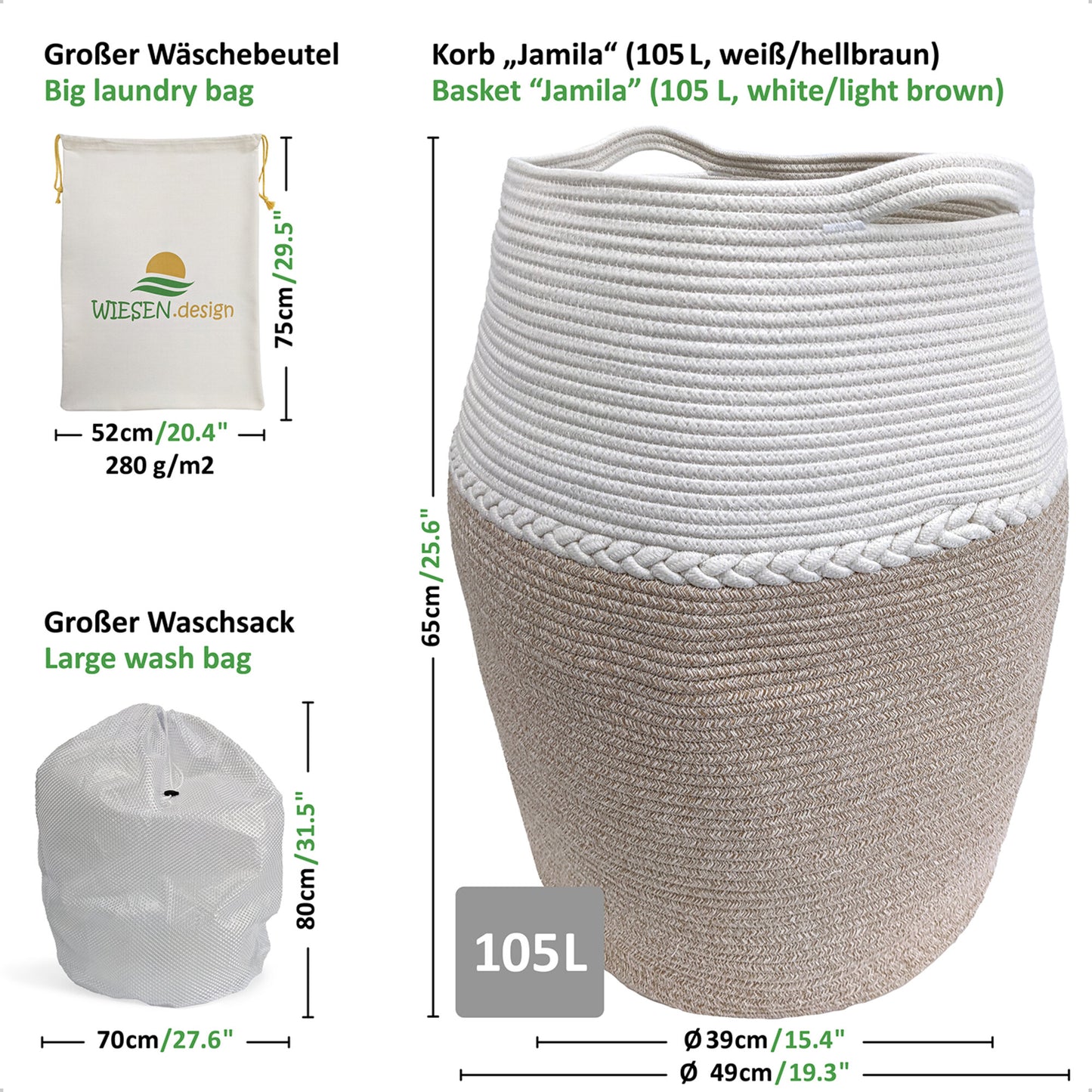Wäschekorb JAMILA Ø39/49xH65 cm Hellbraun/Weiß/105L aus 100% Baumwolle - Handgemacht und Pflegeleicht