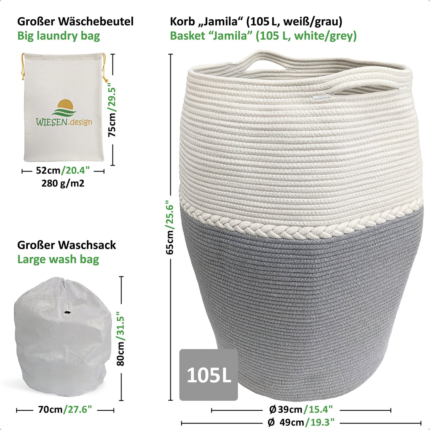 Wäschekorb JAMILA Ø39/49xH65 cm Grau/Weiß/105L aus 100% Baumwolle - Handgemacht und Pflegeleicht