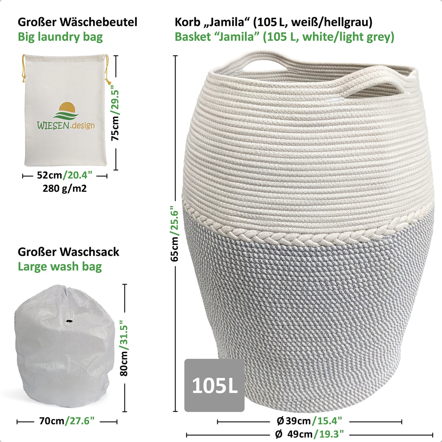 Wäschekorb JAMILA Ø39/49xH65 cm Hellgrau/Weiß/105L aus 100% Baumwolle - Handgemacht und Pflegeleicht