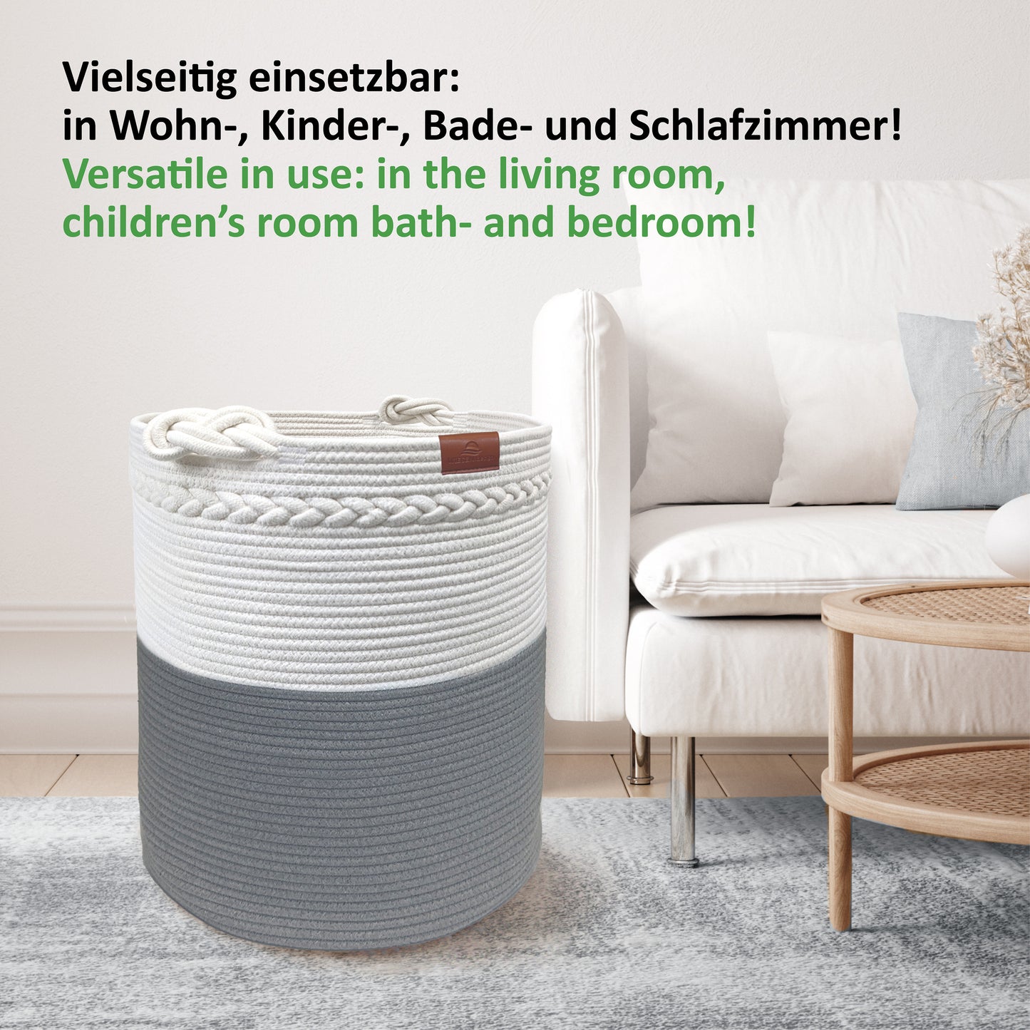 Wäschekorb KNUT Ø46xH48 cm Grau/Weiß/80L aus 100% Baumwolle - Handgemacht und Pflegeleicht