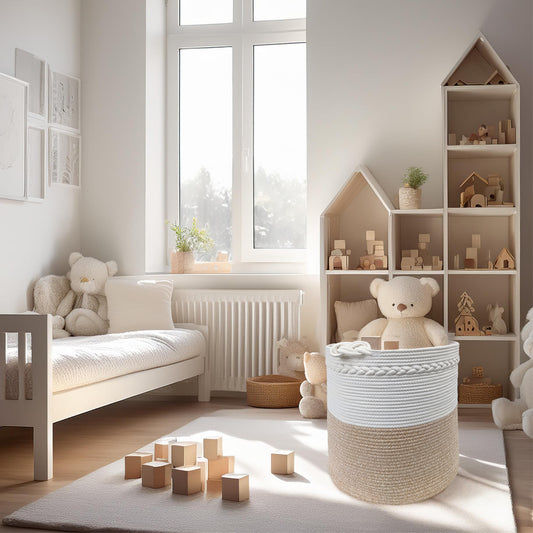 Wäschekorb KNUT Ø46xH48 cm Hellbraun/Weiß/80L aus 100% Baumwolle - Handgemacht und Pflegeleicht