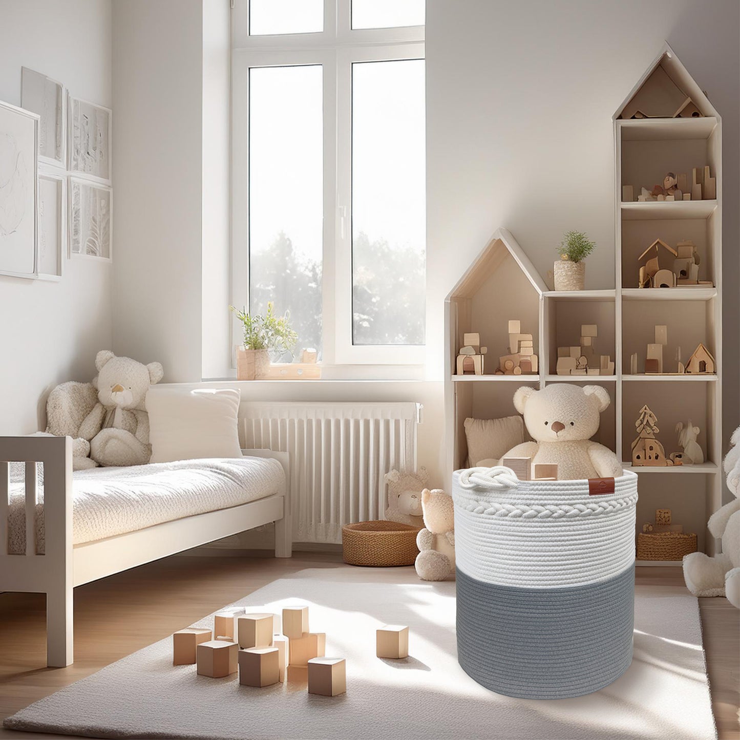 Wäschekorb KNUT Ø46xH48 cm Grau/Weiß/80L aus 100% Baumwolle - Handgemacht und Pflegeleicht
