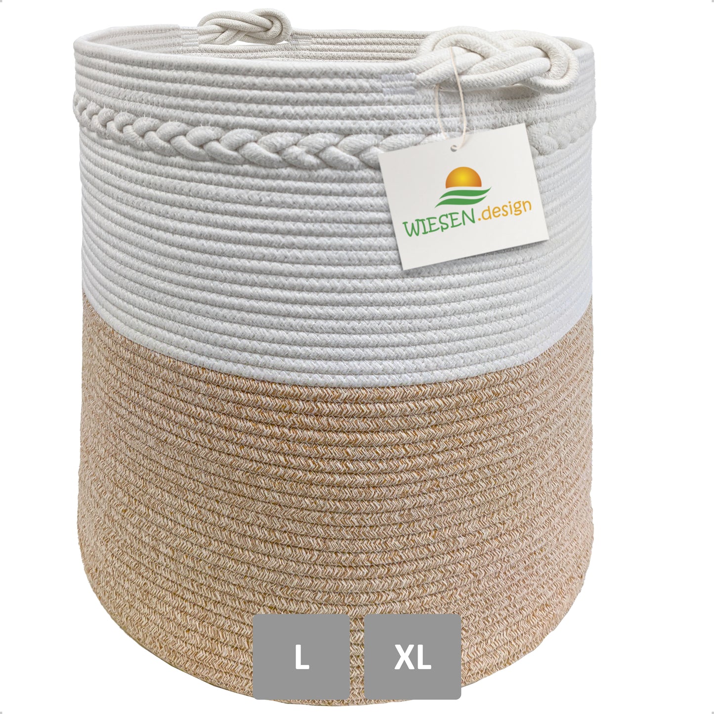 Wäschekorb KNUT Ø46xH48 cm Hellbraun/Weiß/80L aus 100% Baumwolle - Handgemacht und Pflegeleicht