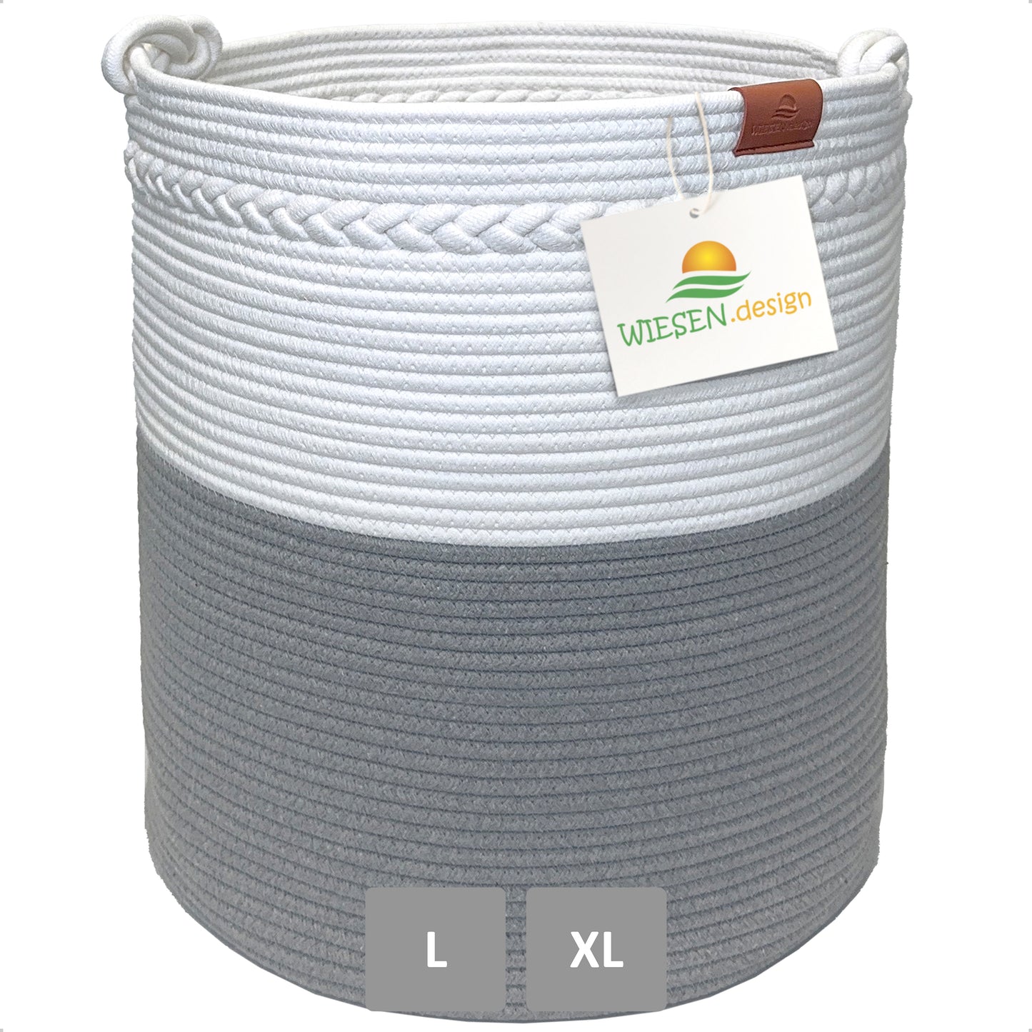Wäschekorb KNUT Ø46xH48 cm Grau/Weiß/80L aus 100% Baumwolle - Handgemacht und Pflegeleicht