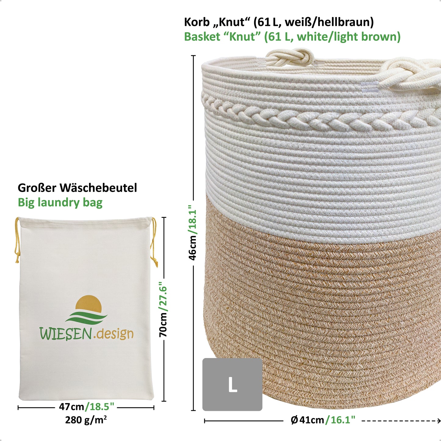 Wäschekorb KNUT Ø41xH46 cm Hellbraun/Weiß/61L aus 100% Baumwolle - Handgemacht und Pflegeleicht