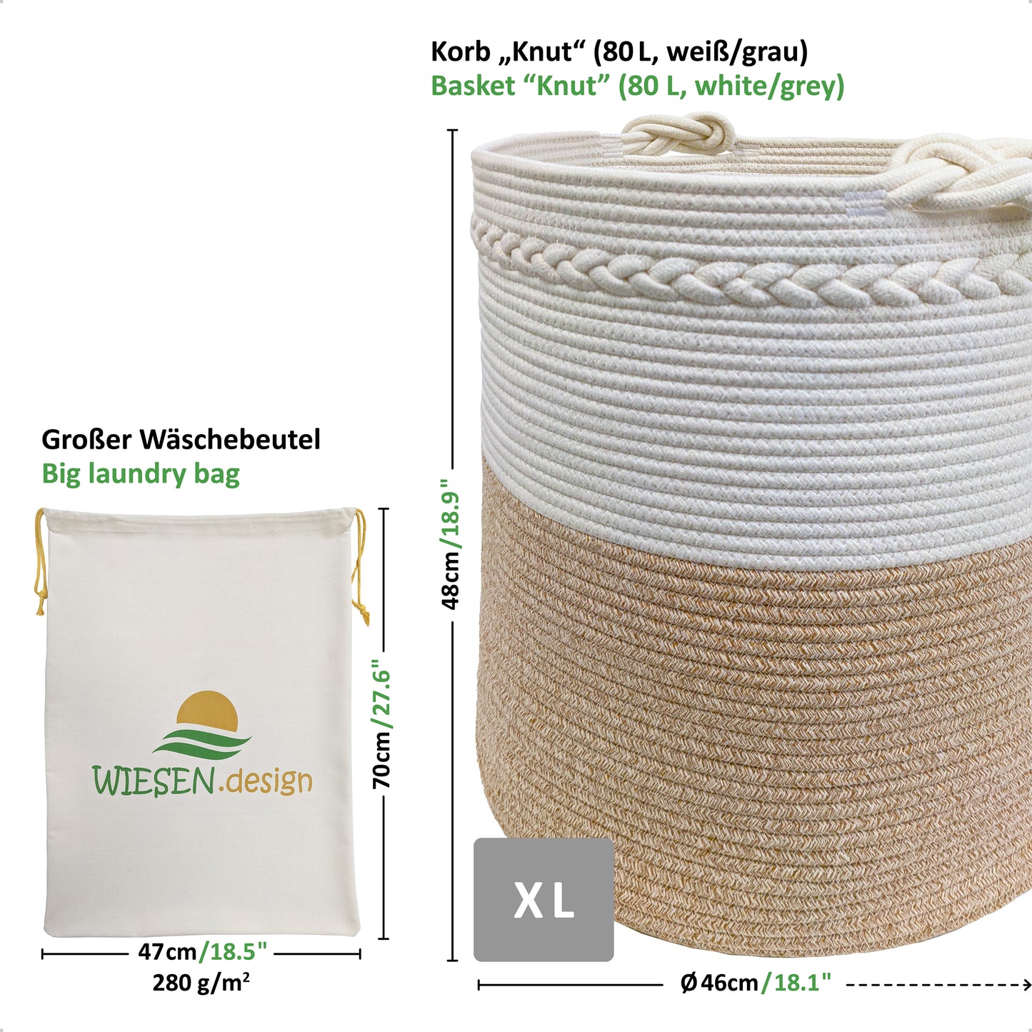Wäschekorb KNUT Ø46xH48 cm Hellbraun/Weiß/80L aus 100% Baumwolle - Handgemacht und Pflegeleicht