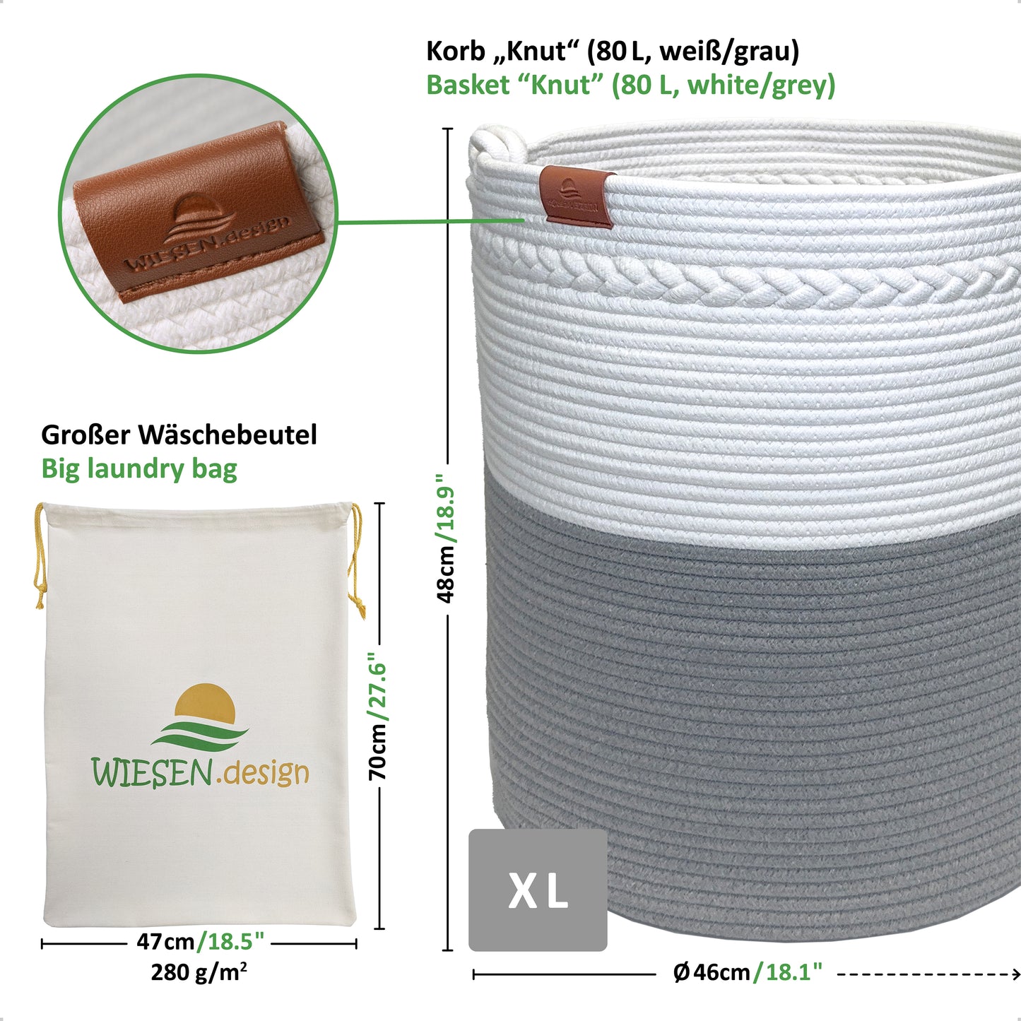 Wäschekorb KNUT Ø46xH48 cm Grau/Weiß/80L aus 100% Baumwolle - Handgemacht und Pflegeleicht