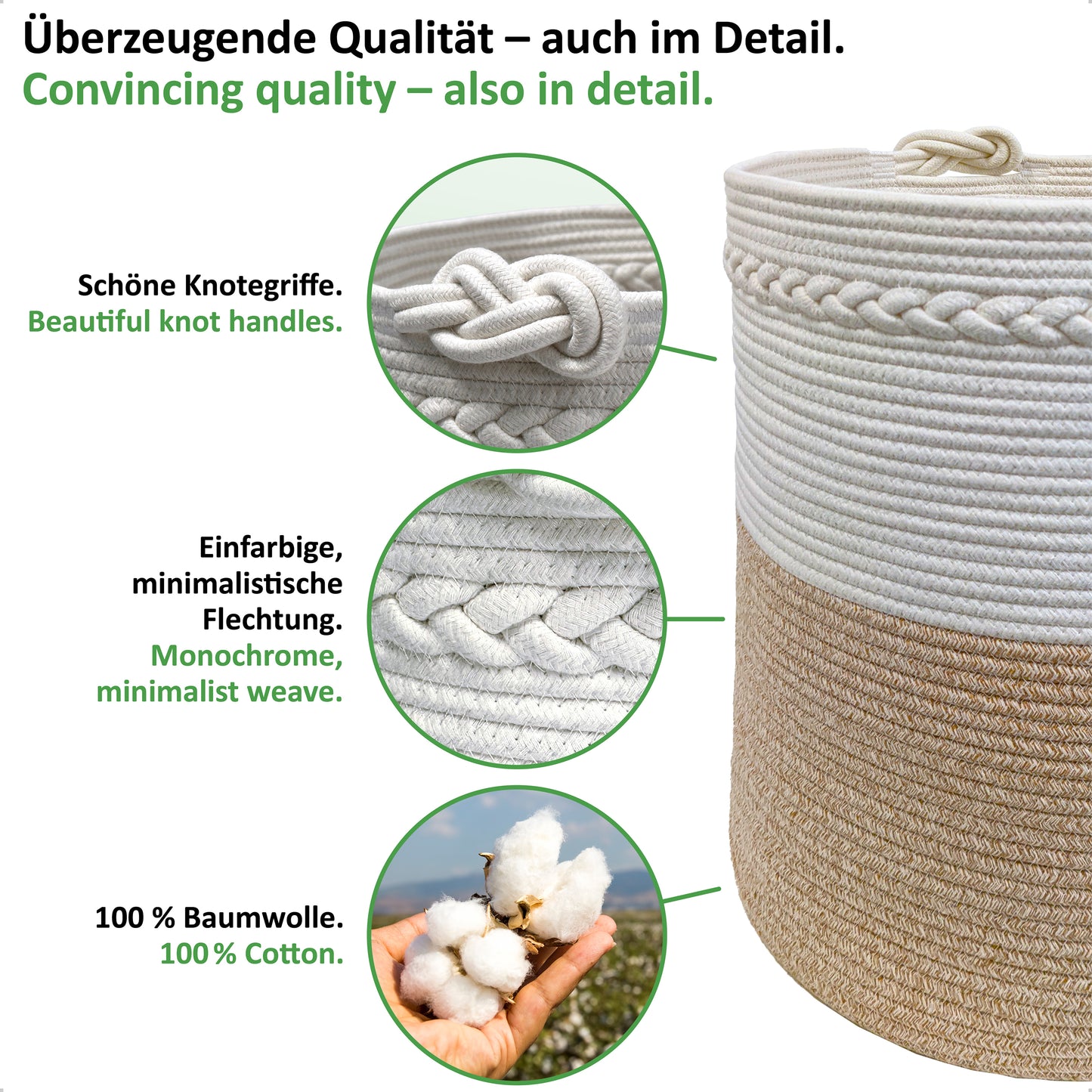 Wäschekorb KNUT Ø46xH48 cm Hellbraun/Weiß/80L aus 100% Baumwolle - Handgemacht und Pflegeleicht