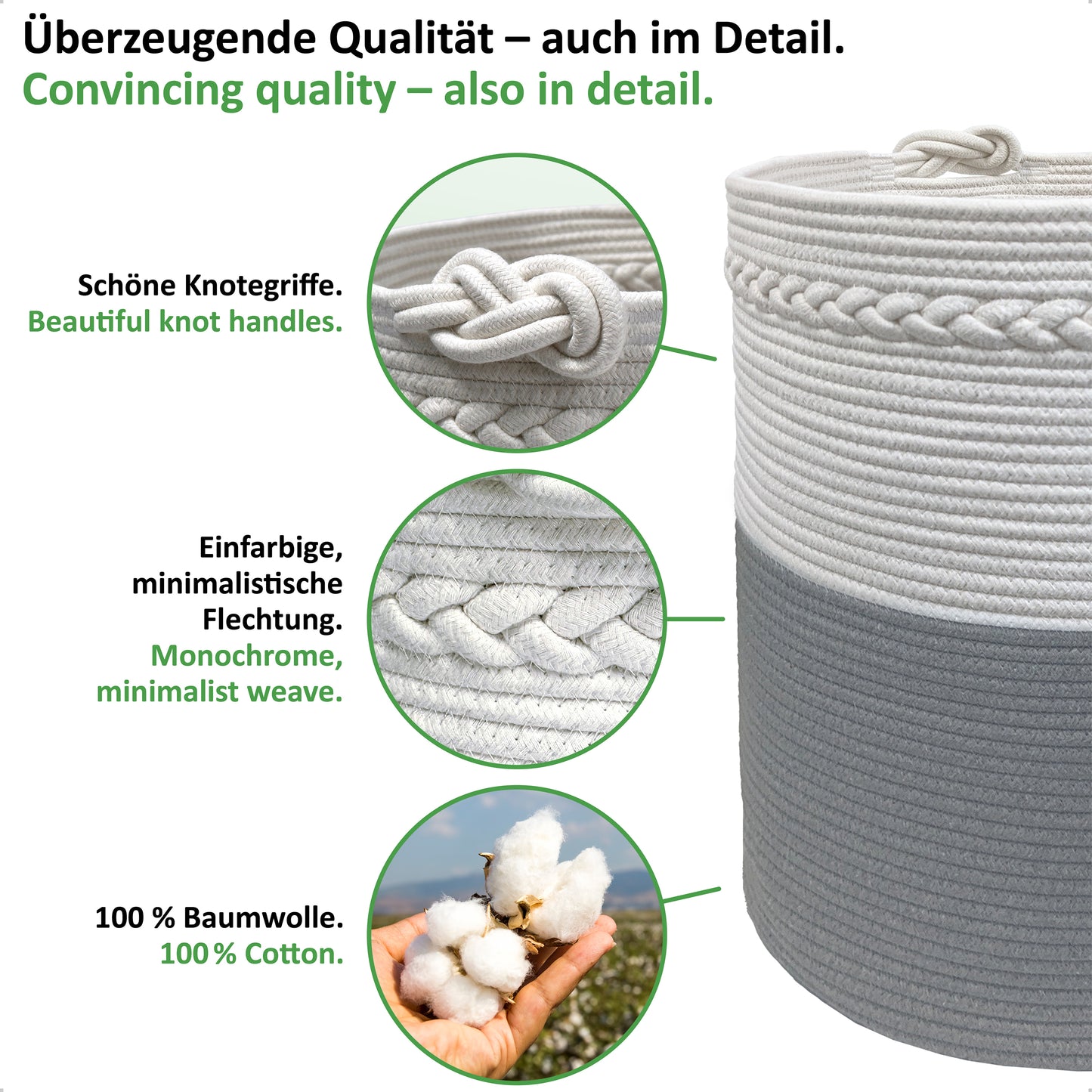Wäschekorb KNUT Ø46xH48 cm Grau/Weiß/80L aus 100% Baumwolle - Handgemacht und Pflegeleicht