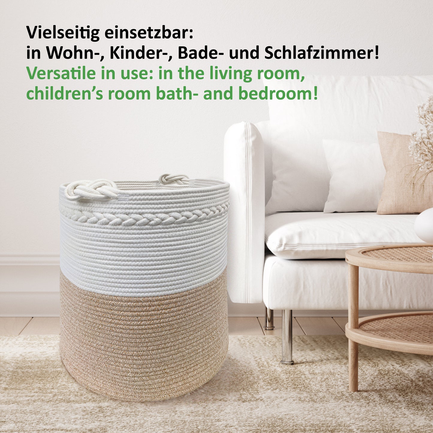 Wäschekorb KNUT Ø46xH48 cm Hellbraun/Weiß/80L aus 100% Baumwolle - Handgemacht und Pflegeleicht