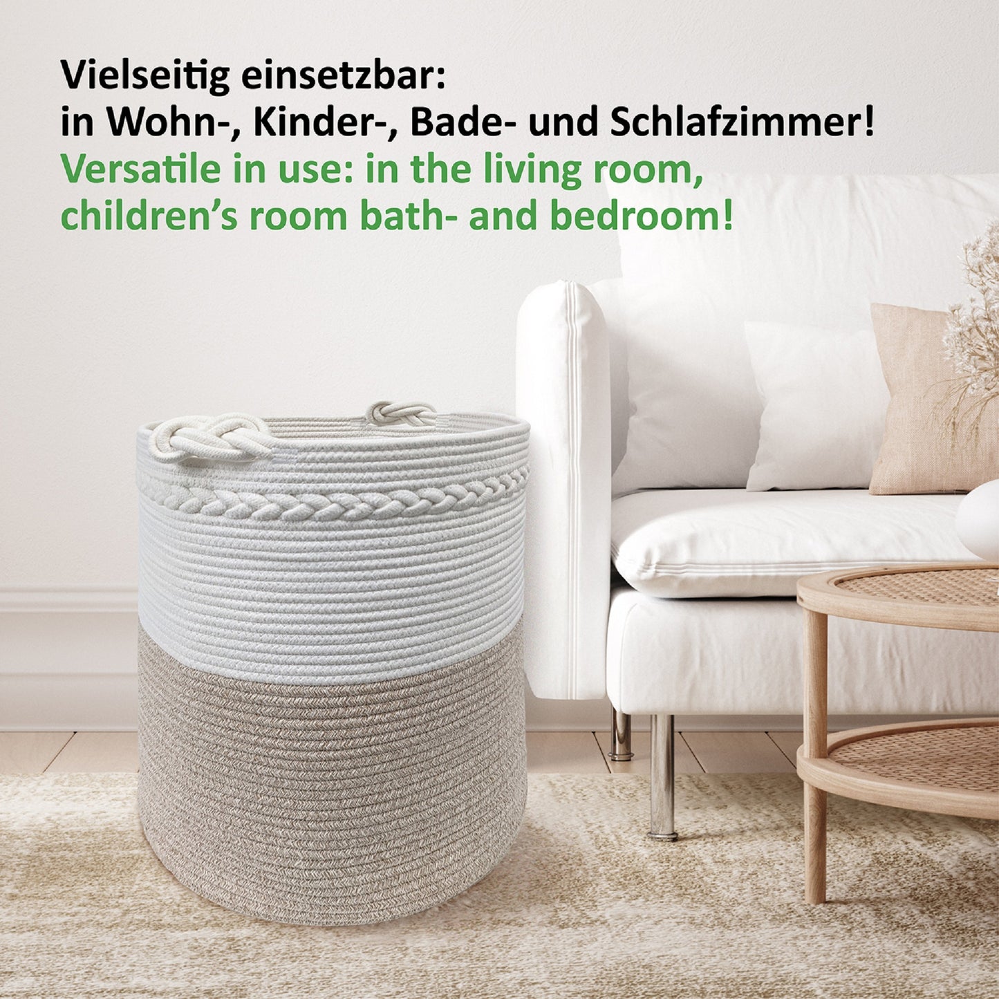 Wäschekorb BEN Ø41xH46 cm Hellbraun/Weiß/61L aus 100% Baumwolle - Handgemacht und Pflegeleicht