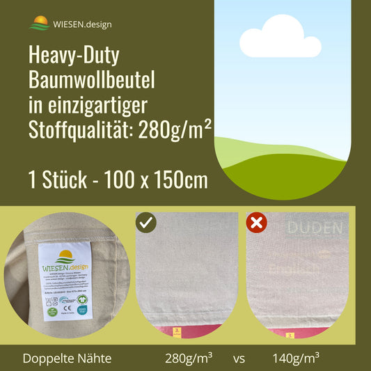 Sack XXS - XXXL - 280 g/m² OEKO-TEX® zertifizierte Heavy-Duty Baumwolle, 100x150 cm - 1 St. Kleidersäcke Aufbewahrung, Kleidersack Baumwolle