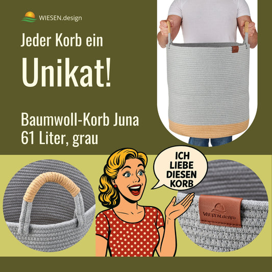 Laundry basket JUNA Ø41xH46 cm Grey/61L made of 100% cotton - Handmade and easy to care for