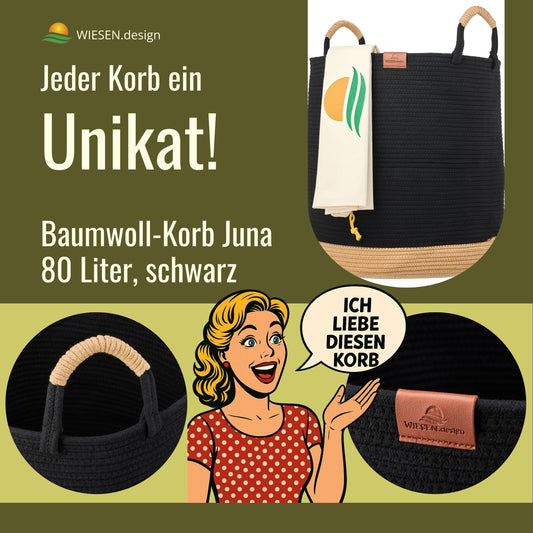 Laundry basket JUNA Ø46xH48 cm Black/80L made of 100% cotton - Handmade and easy to care for