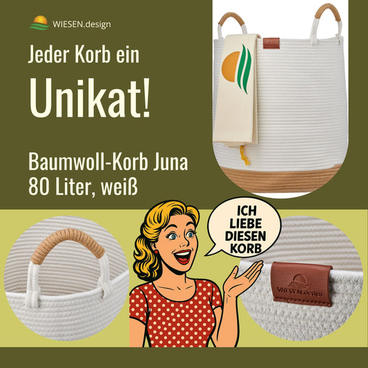 Laundry basket JUNA Ø46xH48 cm White/80L made of 100% cotton - Handmade and easy to care for