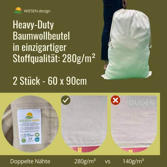 Obstsack - 280 g/m² OEKO-TEX® zertifizierte Heavy-Duty Baumwolle, 60x90 cm - 2 St. Geschenksackerl, Zwiebelsack, Drawstring bag