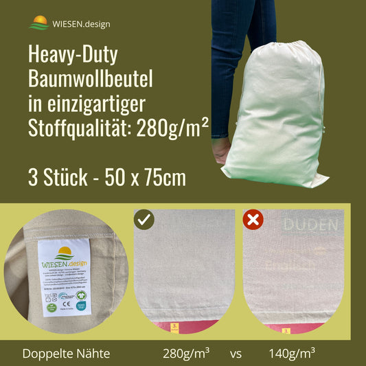 Wäschebeutel - 280 g/m² OEKO-TEX® zertifizierte Heavy-Duty Baumwolle, 50x75 cm - 3 St. Wäschesack Reise, Wäschesack Baumwolle, Wäschetasche