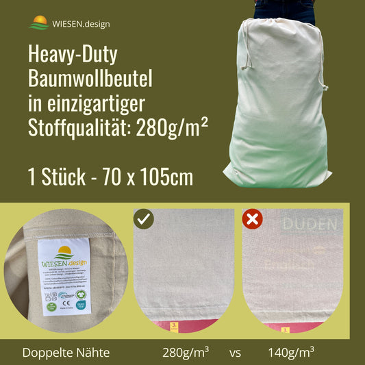 Aufbewahrungsbeutel - 280 g/m² OEKO-TEX® zertifizierte Heavy-Duty Baumwolle, 70x105 cm - 1 St. Wäschebeutel Schmutzwäsche, Wäschesack Reisen