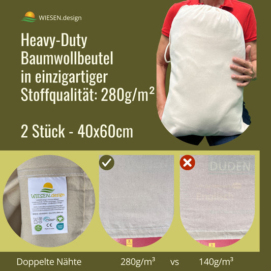 Cotton bags - 280 gsm OEKO-TEX® certified heavy-duty cotton, 40x60 cm - 2 pcs gift bags, fabric bags with drawstring, packing bags