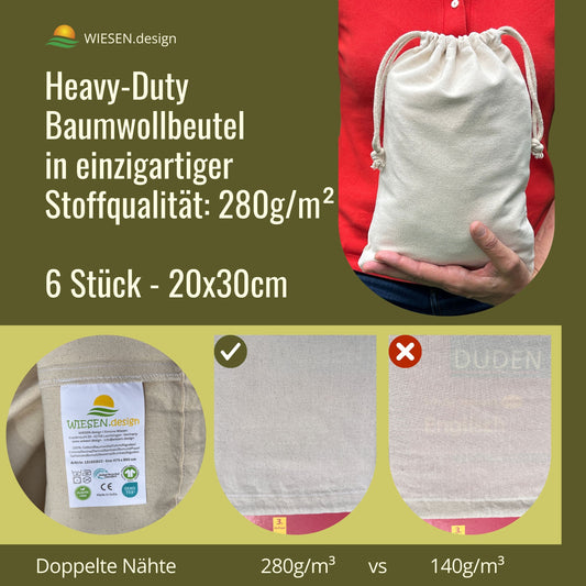 Fabric bags - 280 g/m² OEKO-TEX® certified heavy-duty cotton, 20x30 cm - 6 pcs. Small fabric bags, gift bags, blanks for plotting
