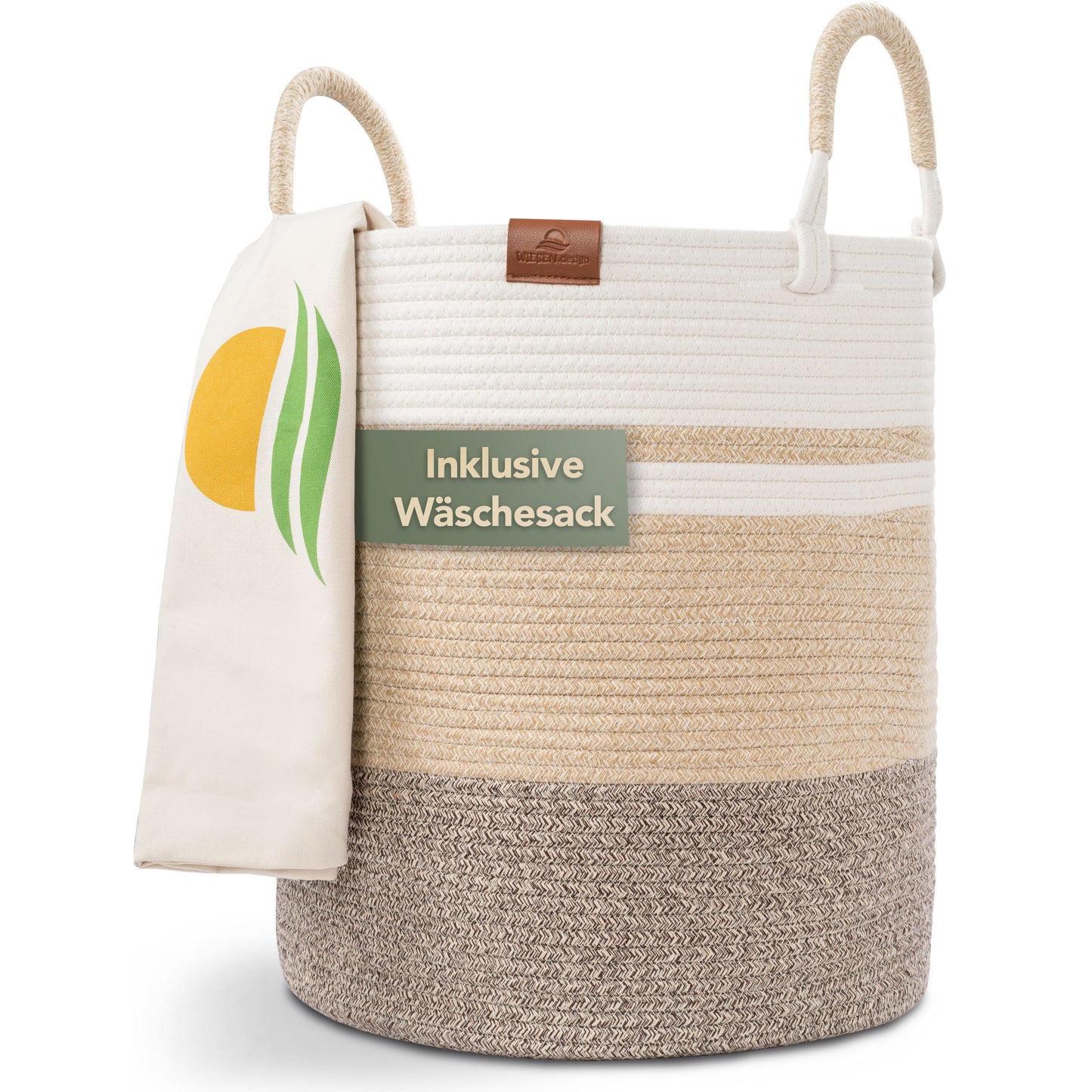 Wäschekorb EMILIA Ø41xH46 cm Braun/Weiß/61L aus 100% Baumwolle - Handgemacht und Pflegeleicht