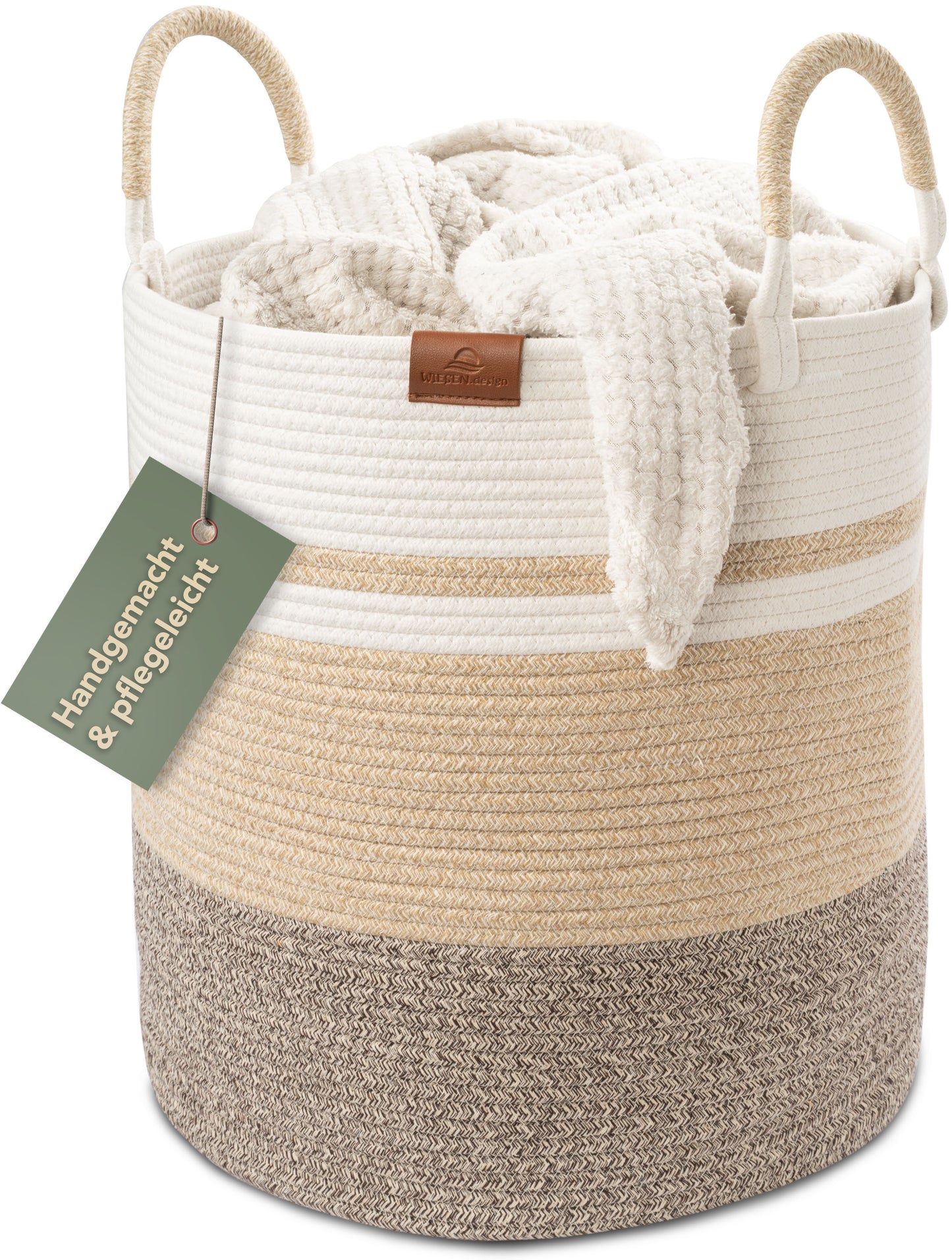Wäschekorb EMILIA Ø41xH46 cm Braun/Weiß/61L aus 100% Baumwolle - Handgemacht und Pflegeleicht