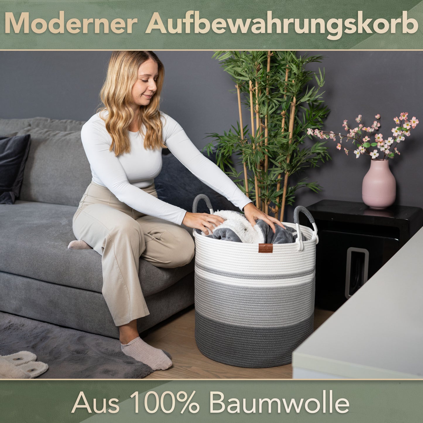 Wäschekorb EMILIA Ø46xH48 cm Grau/Weiß/80L aus 100% Baumwolle - Handgemacht und Pflegeleicht