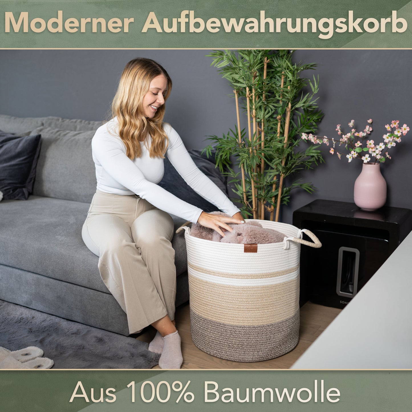 Wäschekorb EMILIA Ø46xH48 cm Braun/Weiß/80L aus 100% Baumwolle - Handgemacht und Pflegeleicht