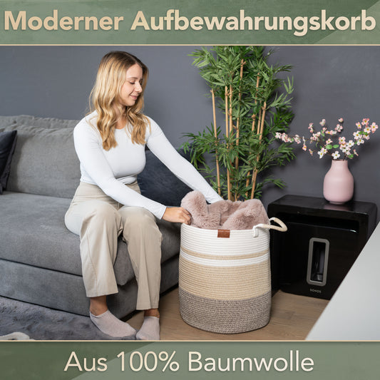 Wäschekorb EMILIA Ø41xH46 cm Braun/Weiß/61L aus 100% Baumwolle - Handgemacht und Pflegeleicht